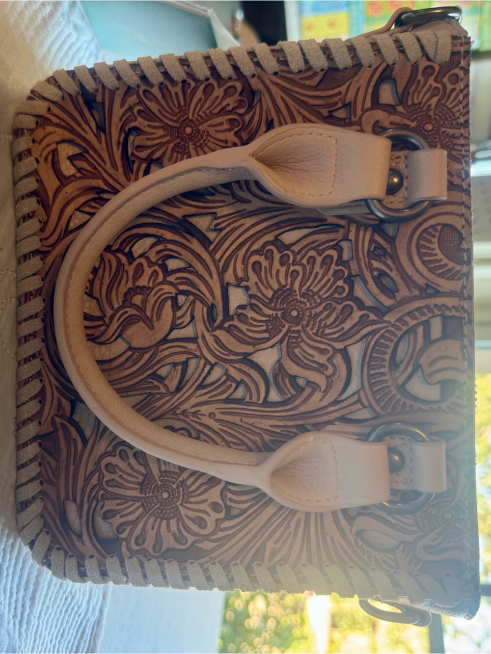 Cream Floral Tooled Leather Crossbody Bag - Women's Cream Handbag